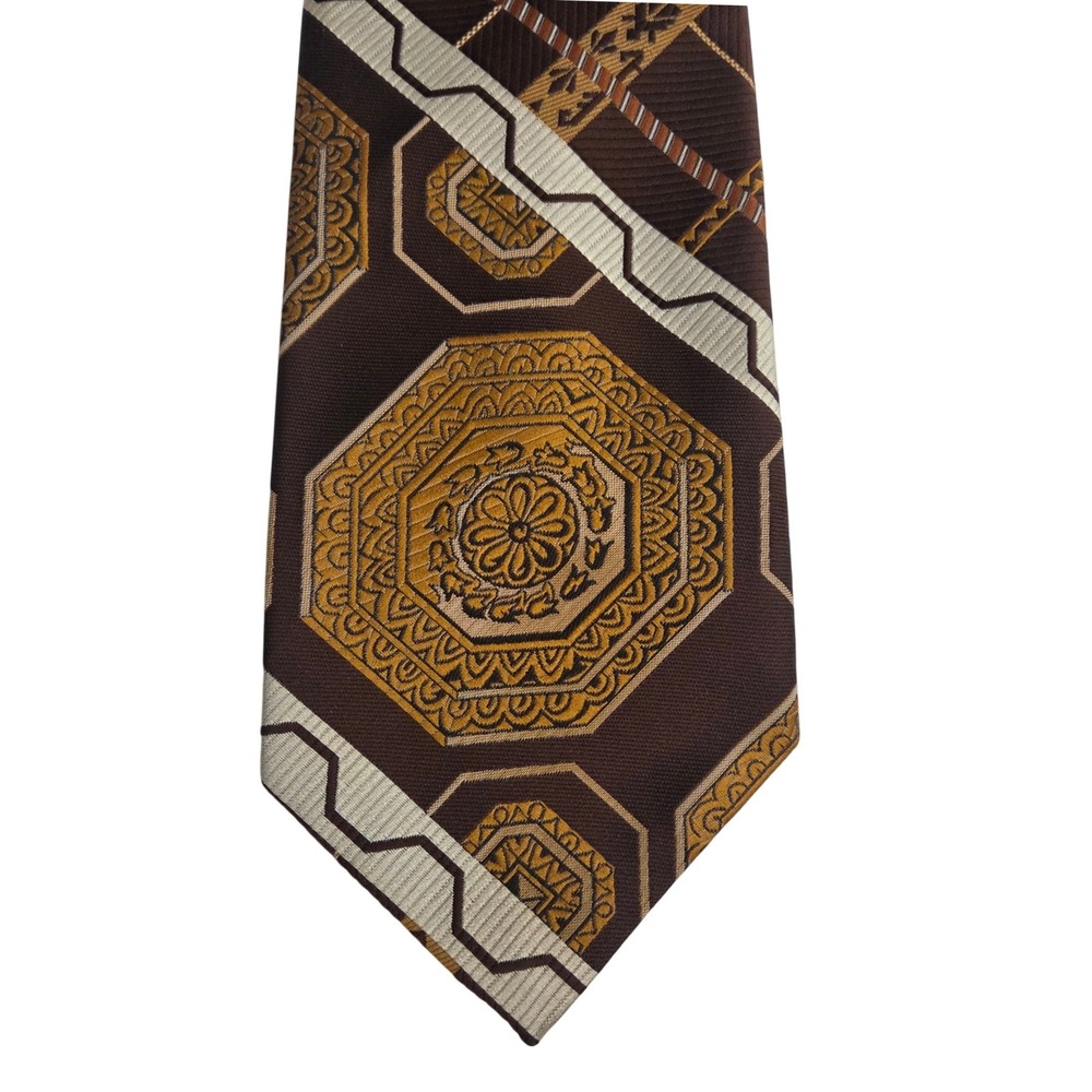 Vintage Wembley Wemlon Men's Tie Brown Gold Geometric Medallion Retro Necktie